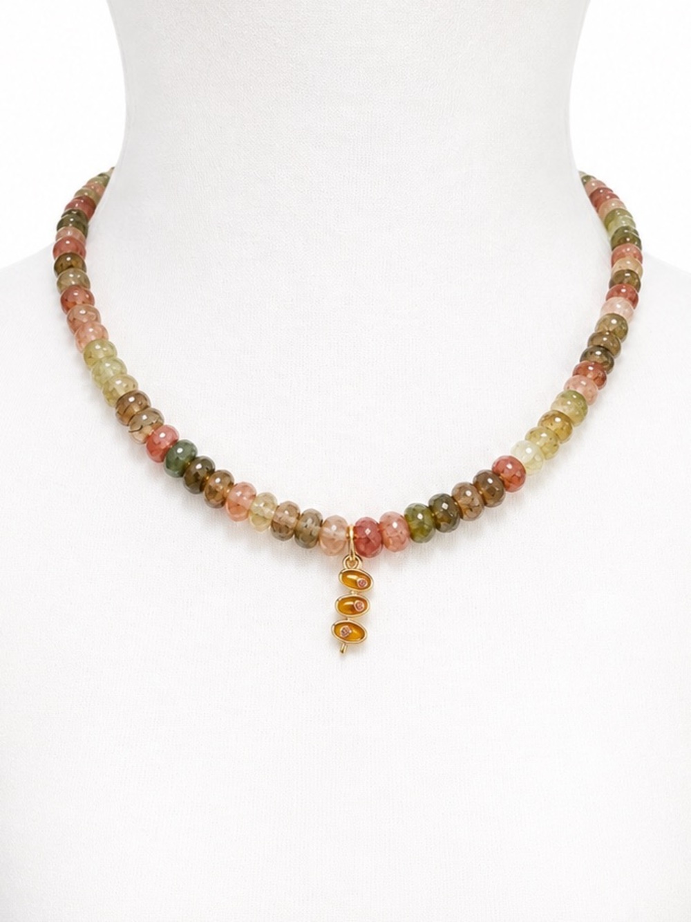 Rainbow Olive Martini Multicolor Tourmaline Beaded Necklace with Gold Charm